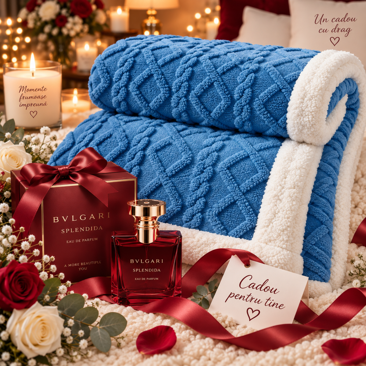 Pătură cu Blană Albastră Plis Parfum 45 ml Cadou 200 cm pe 230 cm