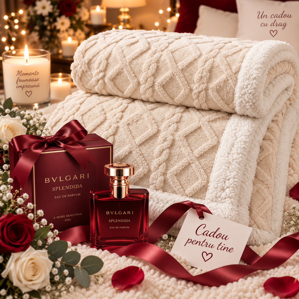 Pătură cu Blană Albă Plus Parfum 45 ml Cadou 200 cm pe 230 cm