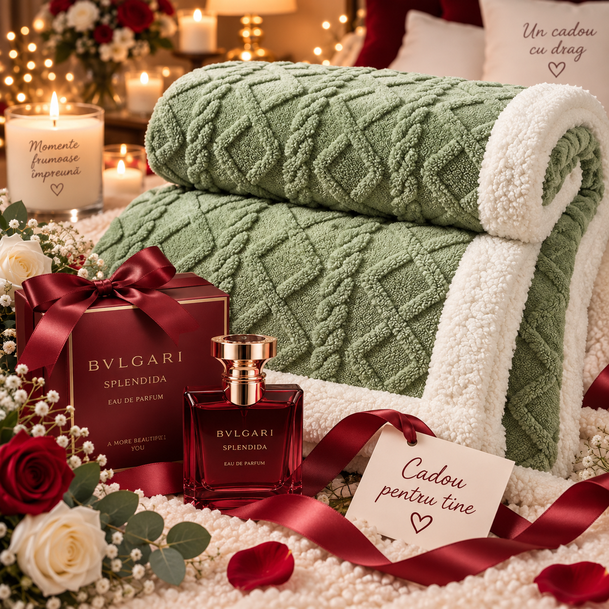 Pătură cu Blană Verde Plus Parfum 45 ml Cadou 200 cm pe 230 cm